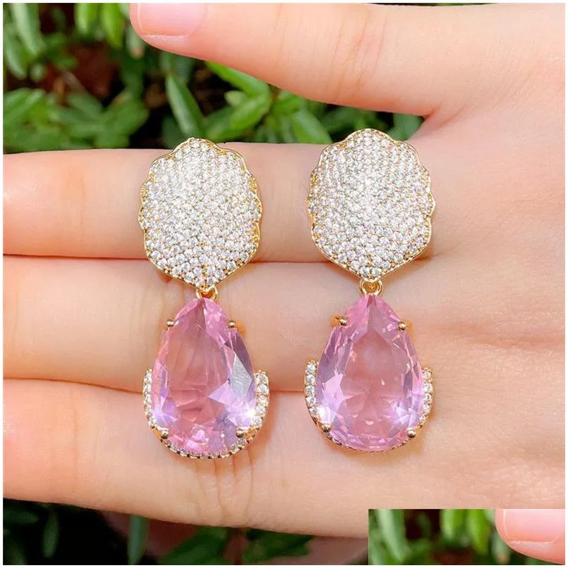 vintage bling crystal flower diamond earring designer for woman dancing party pink aaa cubic zirconia copper earrings womens engagement wedding luxury