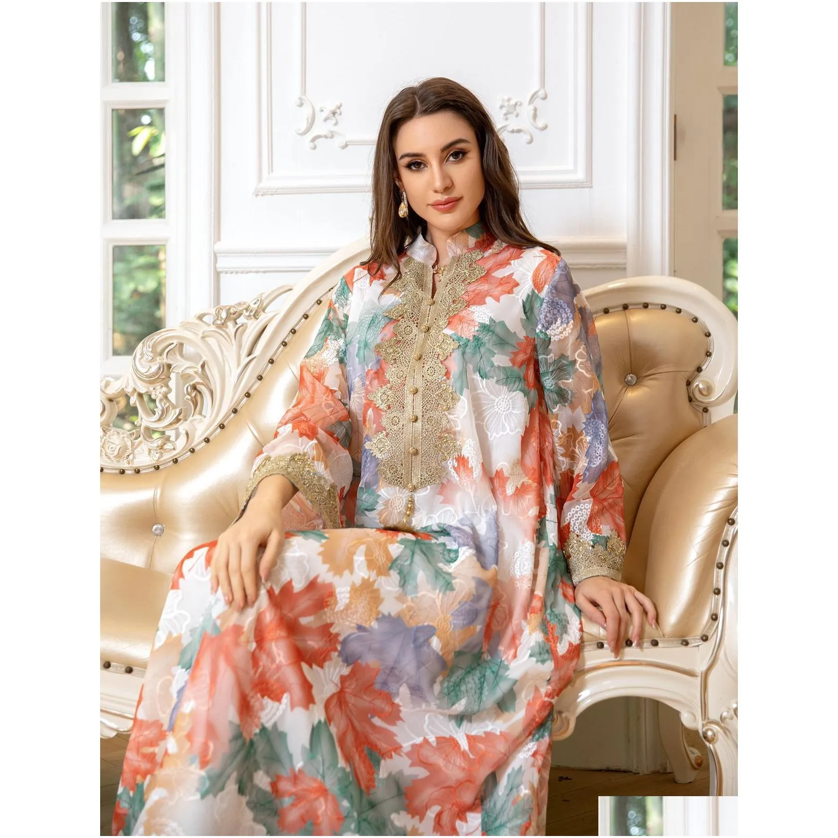 2024 spring modest floral printed arabian dubai dresses middle eastern women muslim robe long sleeve lace applique modest evening dress arabic gown for