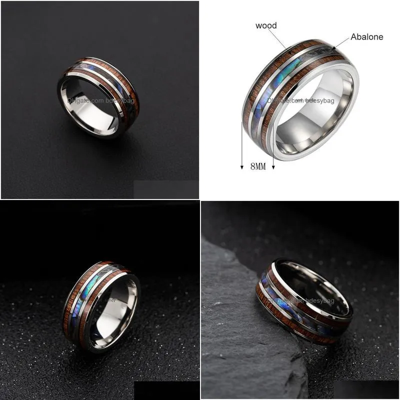 8mm inlay hawaiian koa wood abalone shell rings band finger wedding titanium stainless steel ring for women men fashion jewelry will and