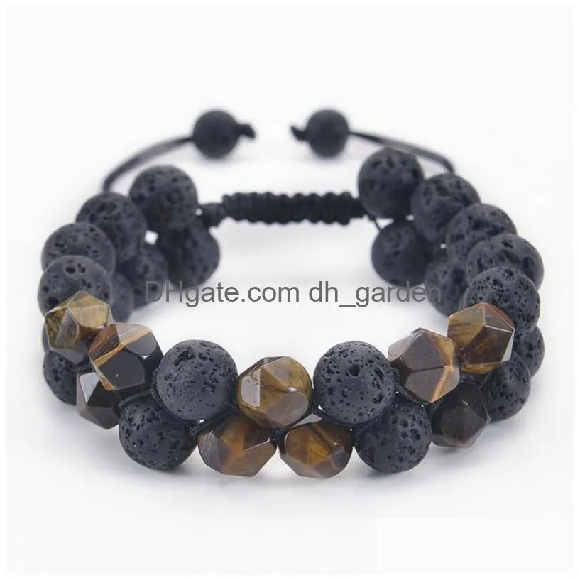 10mm matte frosted natural stone lava tiger eye beaded adjustable bracelet faceted gemstone double layer men bracelets wristband