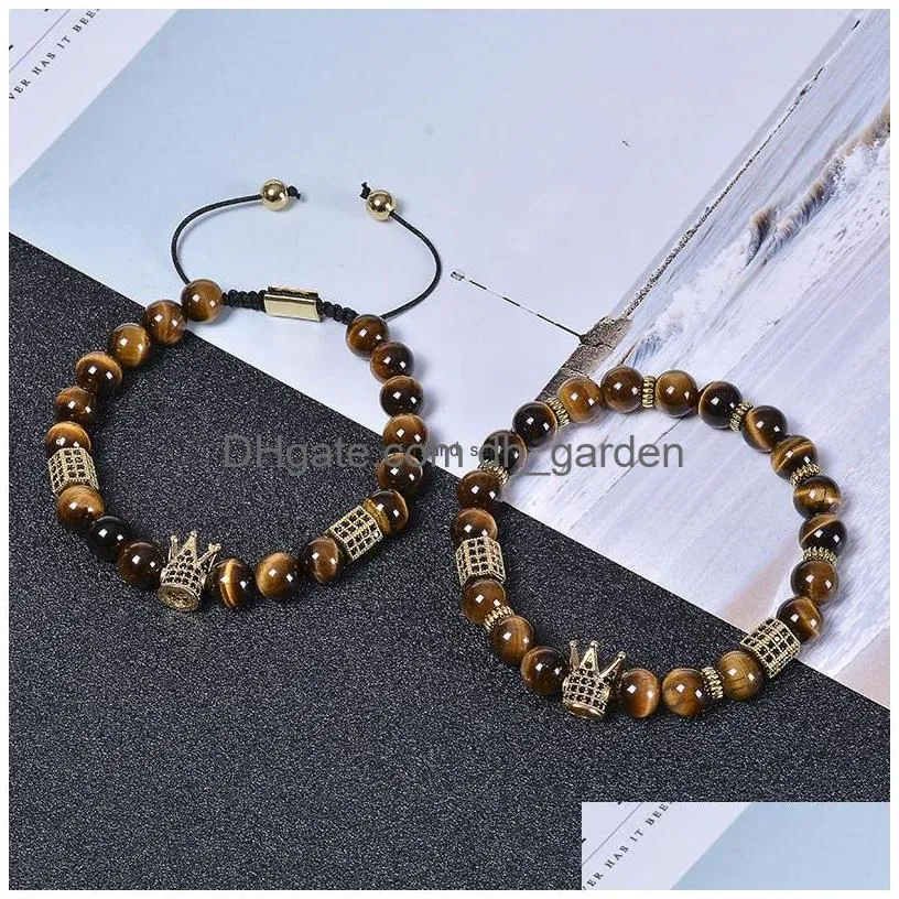 tiger eye crown bracelet natural stone copper micro-inlaid zircon diamond braided bead bracelets women men fashion jewelry will and