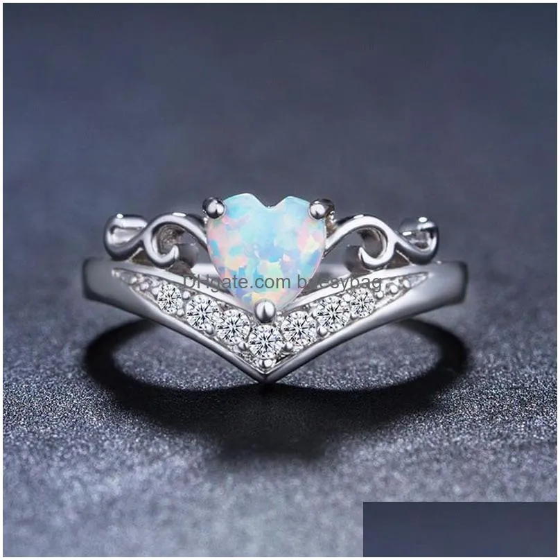 fashion white fire opal natural stone heart crystal rings women ladies ring gifts jewelry wedding party anniversary ring