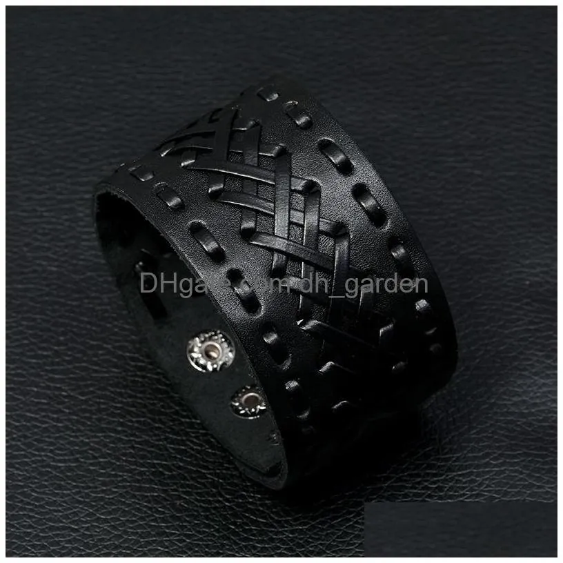 weave wide lace bandage leather bangle cuff button adjustable bracelet wristand for men women fashion jewelry black