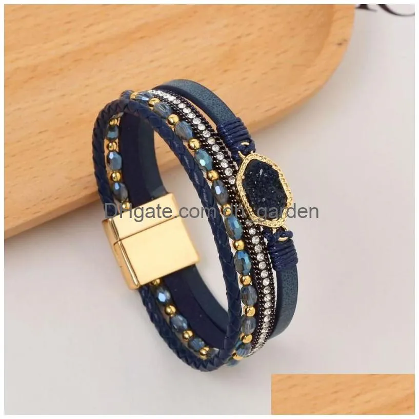 leather multi-layer wrap diamond bracelet women stainless steel magnetic buckle crystal bracelets bangle cuff jewelry