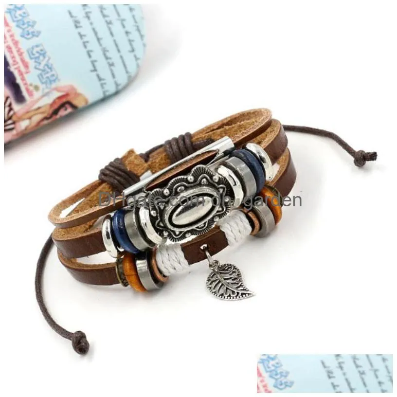 retro multilayer wrap leather bracelet leaf charm pull string adjustable bracelets bangle cuff for women men fashion jewelry