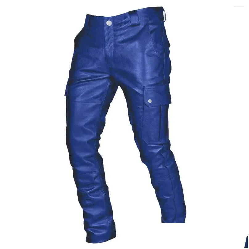 mens pants fashion motorcycle men faux leather wide leg button large pocket solid color casual trousers handsome male clothing