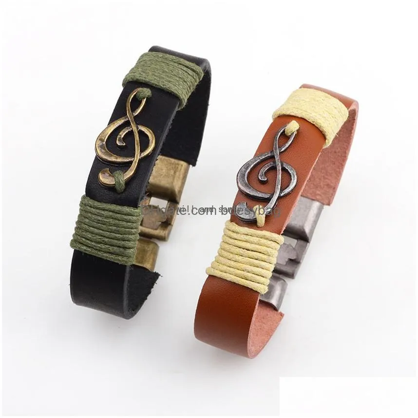 musical note charm bracelet vintage handmade braided leather bracelet bangle cuff for men women hip hop jewelry will and sandy
