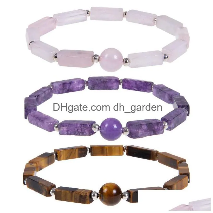 natural amethyst bracelet long square gemstones healing crystal stretch beaded gem stone bracelet unisex