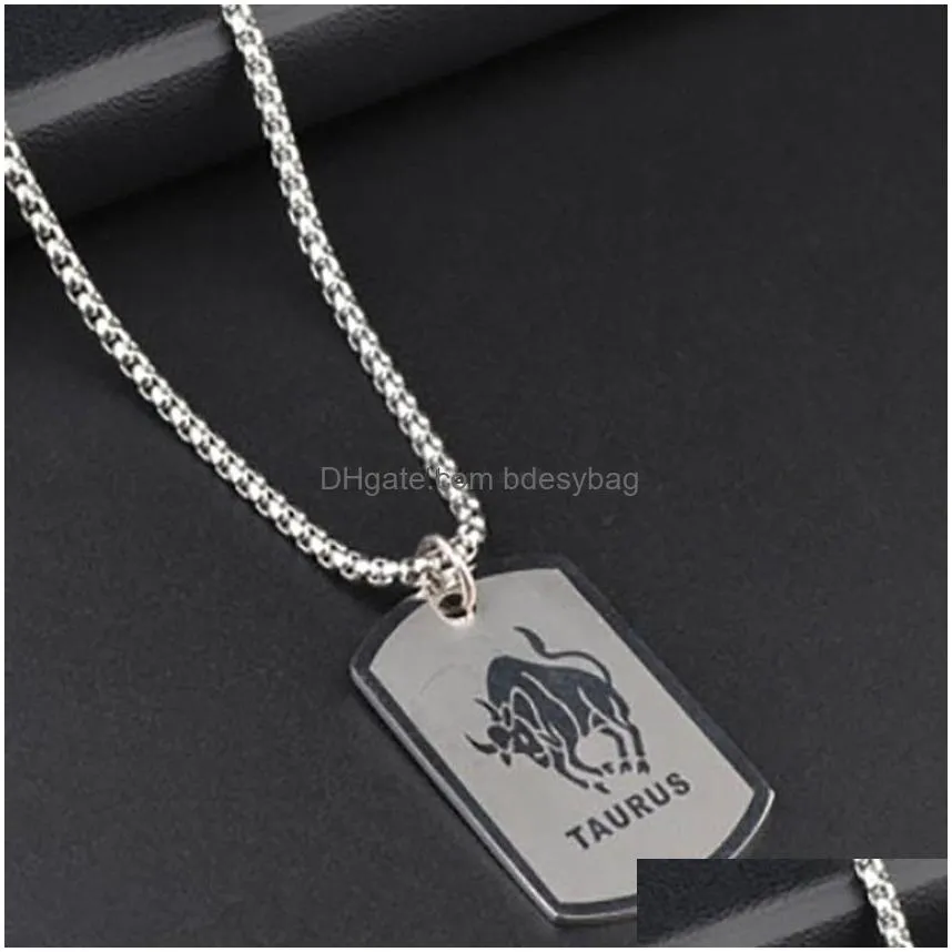 stainless steel 12 zodiac sign necklace men hip hop id dog tag pendants charm star sign choker astrology necklaces fashion jewelry will and