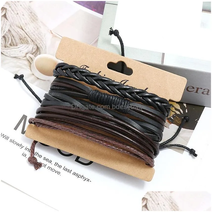 black adjustable multilayer braided leather charm bracelet for women men wrap stacking bracelets set fashion jewelry will and sandy