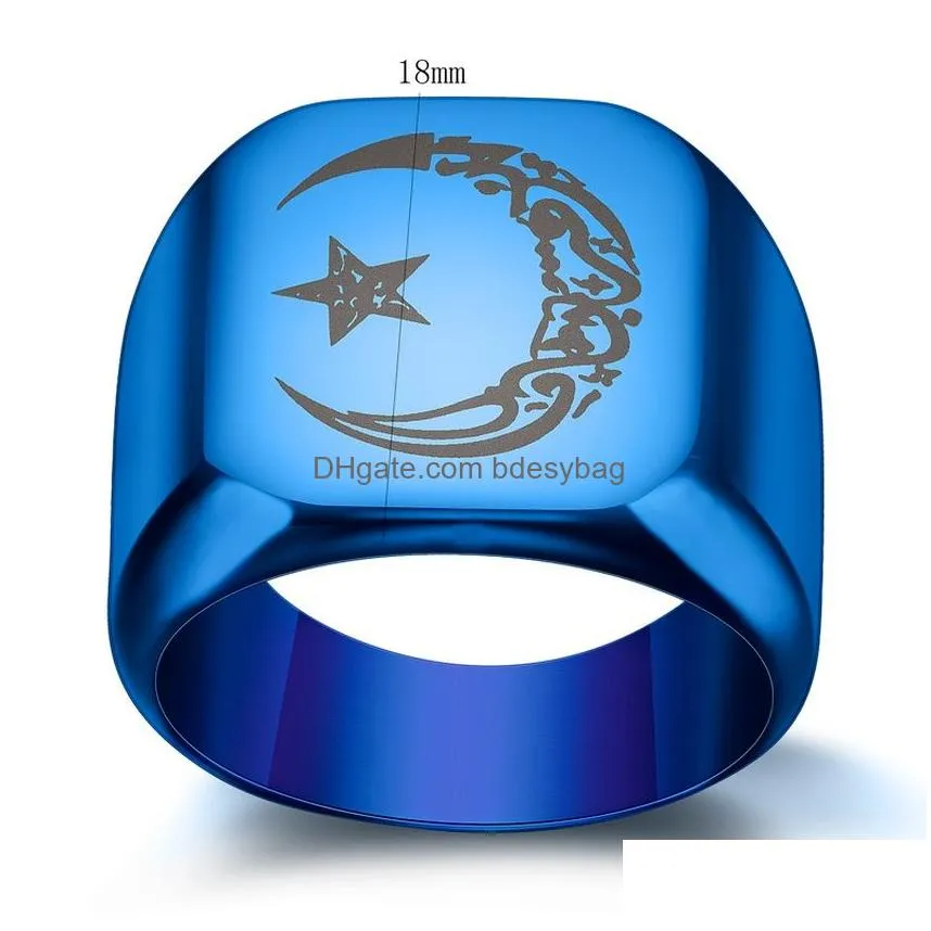 muslim lesser bairam star moon ring band chunky gold blue black stainless steel signet rings for men women fashion jewelry will and