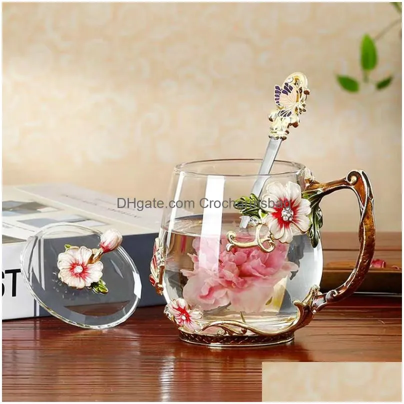 beauty and novelty enamel coffee cup mug flower tea glass s for and cold drinks spoon set perfect wedding gift 220311