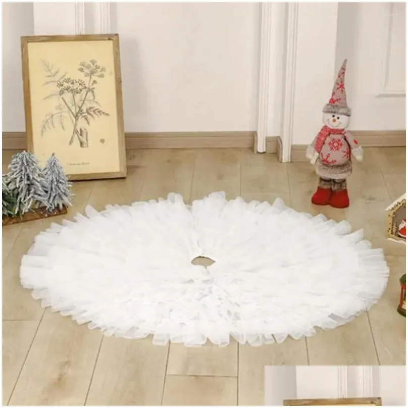 christmas decorations durable tree skirt white tulle elegant round pleated decoration for holiday indoor party supplies