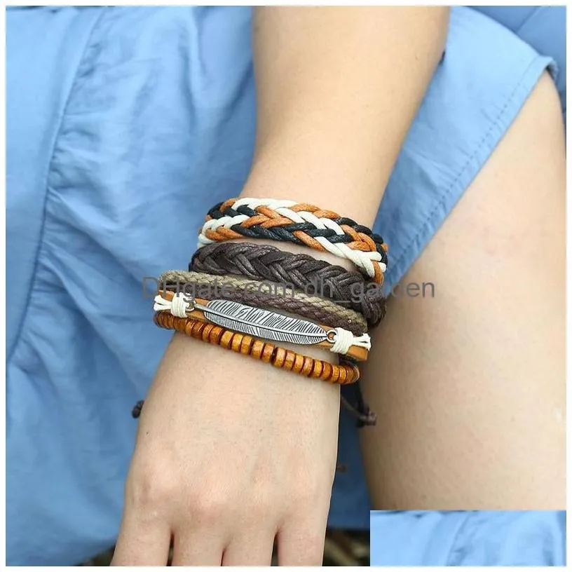 vintage braided leather bracelet multi layer wood beads charm bracelets wristband bangle cuff set women men fashion jewlery