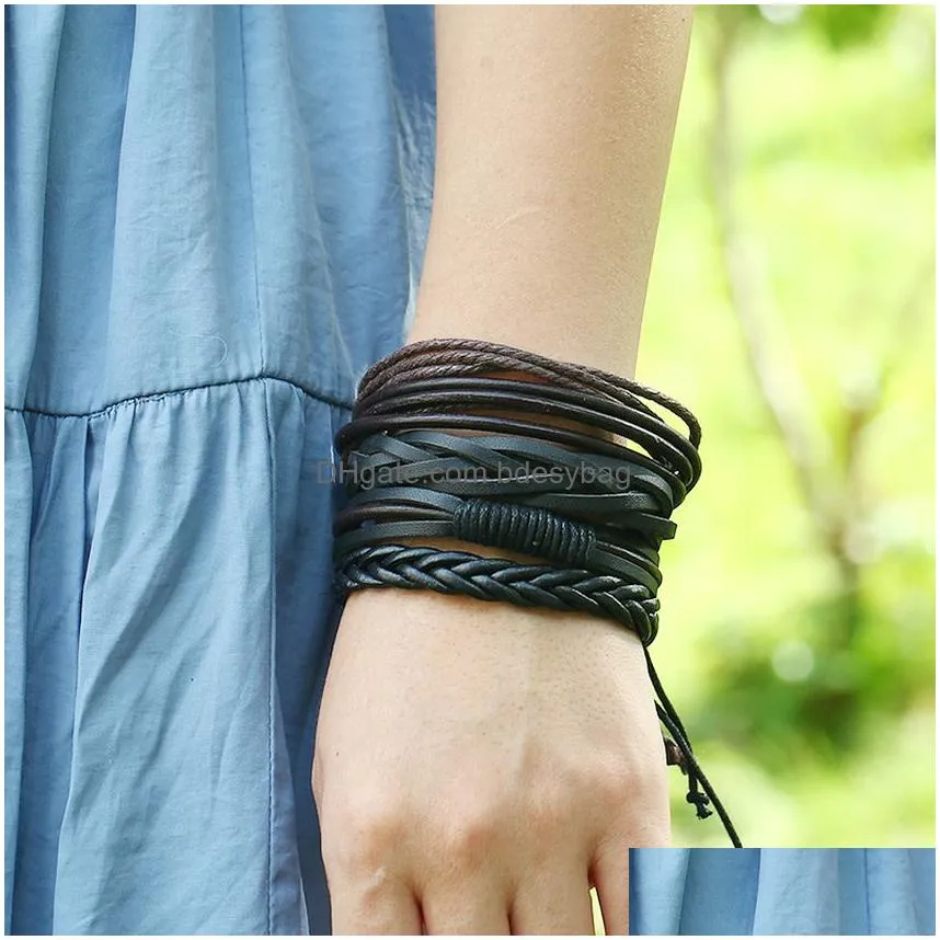 black adjustable multilayer braided leather charm bracelet for women men wrap stacking bracelets set fashion jewelry will and sandy