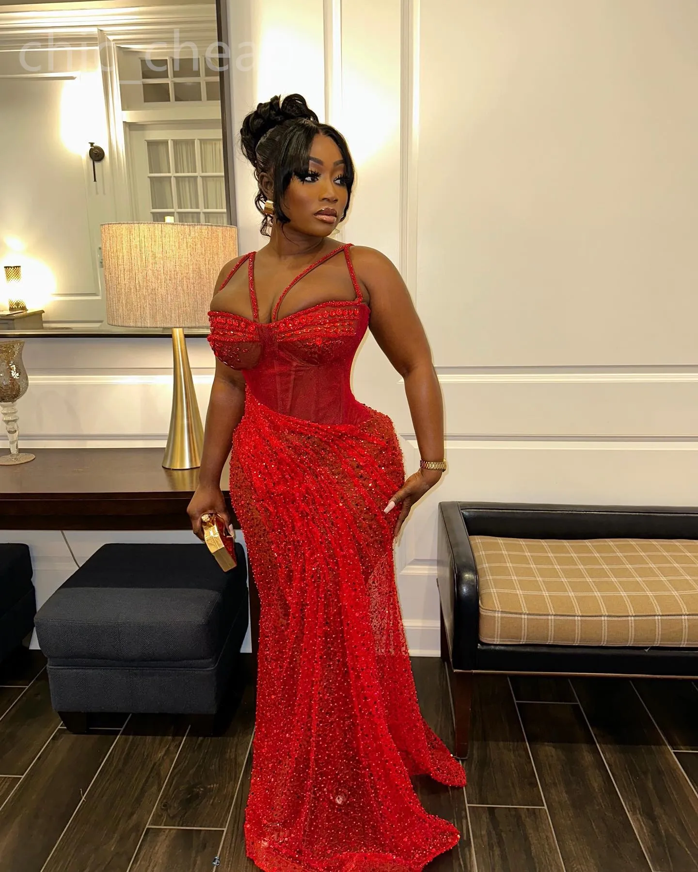 2024 Aso Ebi Red Mermaid Prom Dress Spaghetti Crystals Sequined Lace Evening Formal Party Second Reception Birthday Engagement Gowns Dresses Robe De Soiree ZJ101