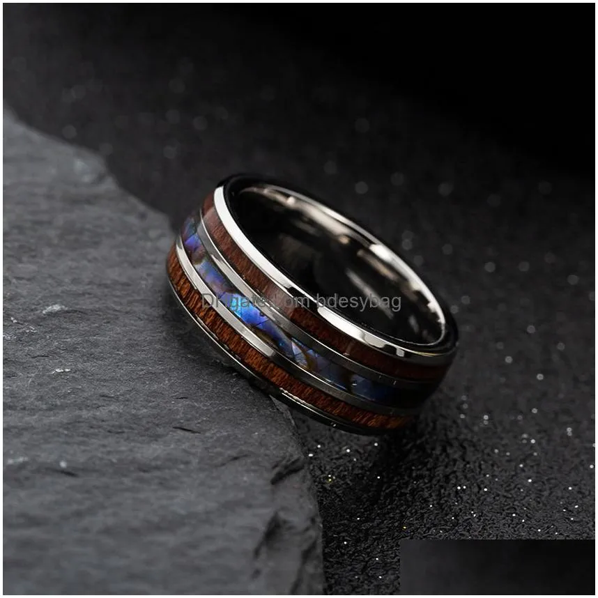 8mm inlay hawaiian koa wood abalone shell rings band finger wedding titanium stainless steel ring for women men fashion jewelry will and