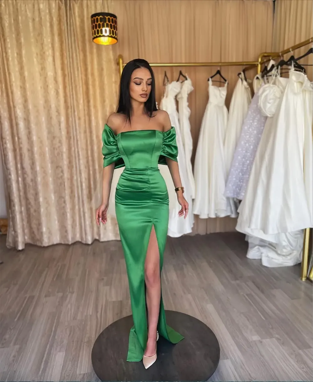 2024 Green Prom Dresses Mermaid Off the Shoulder Satin Side Slit Floor Length Custom Made Ruched Evening Party Gowns vestidos Plus Size