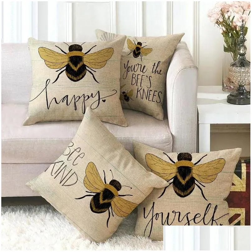 one side print cushion cover linen pillow cover for home sofa seat throw cute vintage decoration 45x45cm bee insect