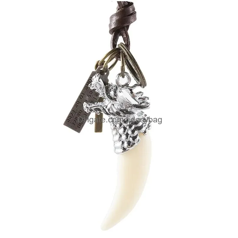 bronze animal tooth necklace wolf retro letter id cross charm adjustable leather chain necklaces for women men hip hop fashion jewelry