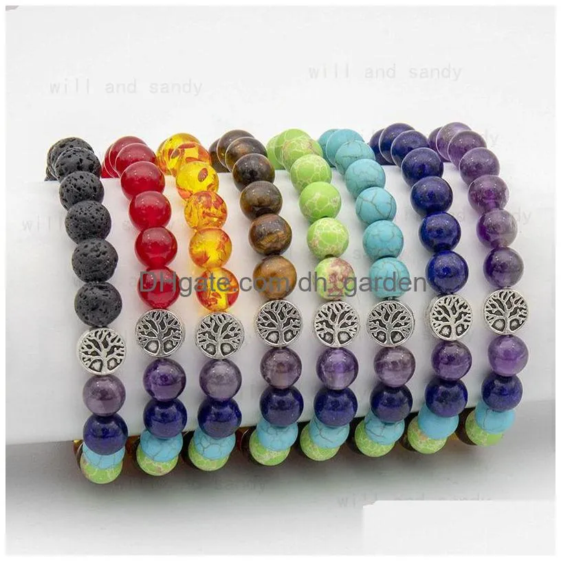 yoga 7 chakra healing stone bead bracelet strand tree of life charm amethyst tiger eye stone bracelets for women men fashion jewelry