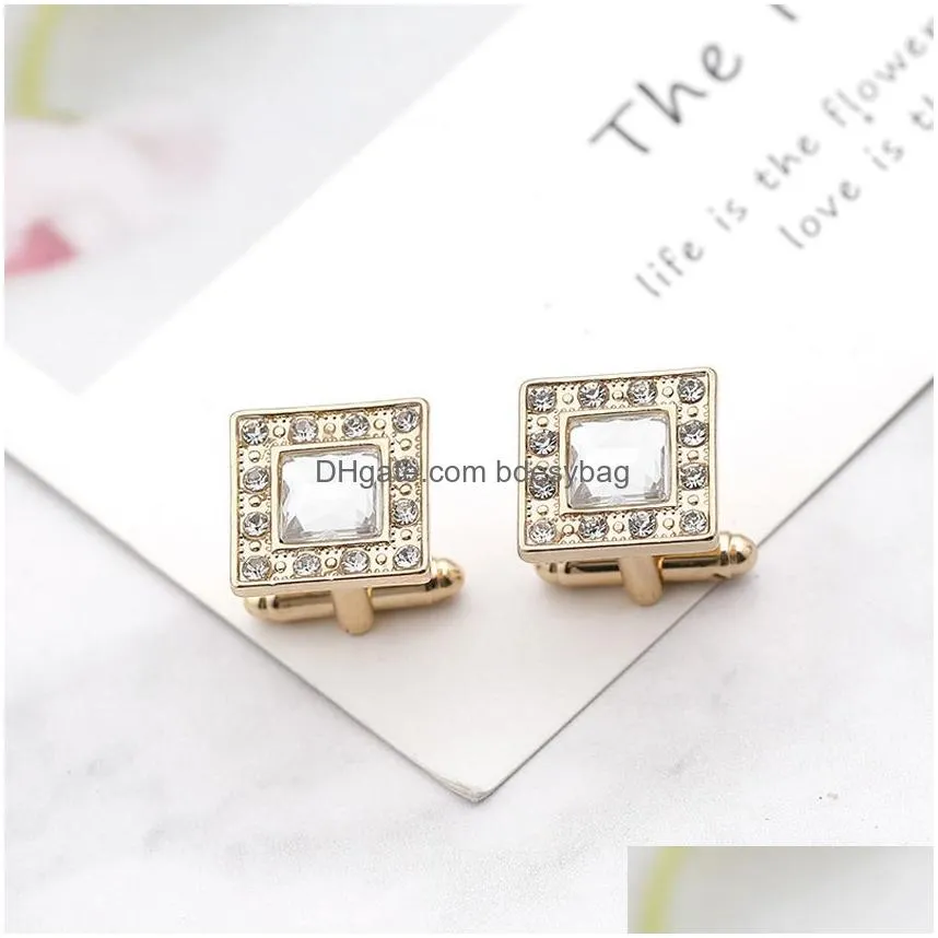 men square gold crystal cufflinks zircon formal business shirt cuff links button clasp fashion jewelry gift will and sandy