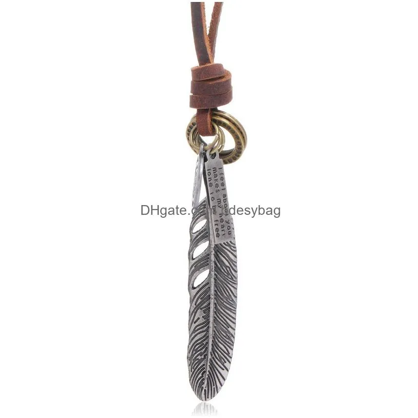 bird feather necklace ancient silver letter id ring charm adjustable chain leather necklaces for women men punk fashion jewelry gift