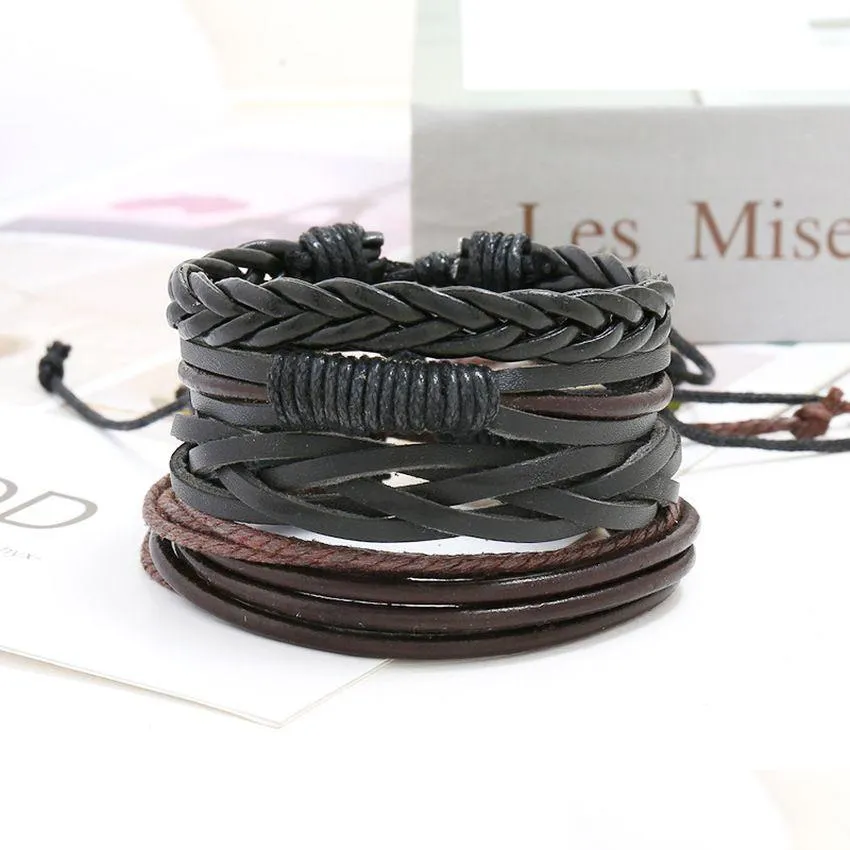 black adjustable multilayer braided leather charm bracelet for women men wrap stacking bracelets set fashion jewelry will and sandy