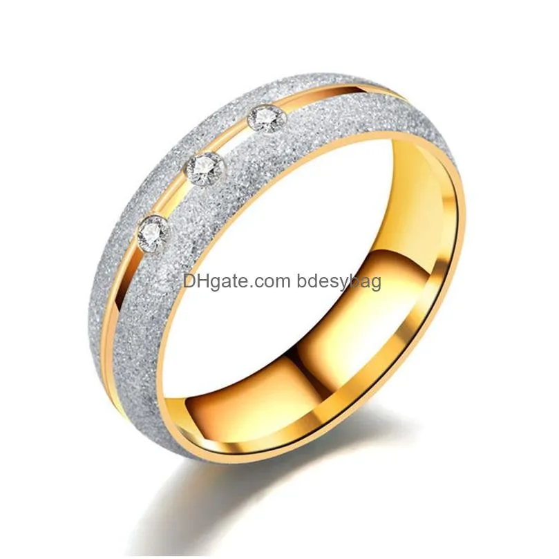 dull polish stainless steel rings band gold diamond crystal couple wedding ring hip hop jewelry women drop ship
