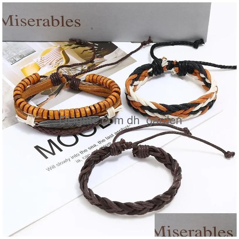 vintage braided leather bracelet multi layer wood beads charm bracelets wristband bangle cuff set women men fashion jewlery