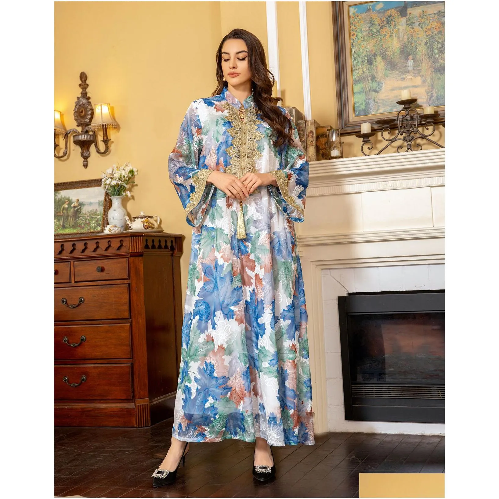 2024 spring modest floral printed arabian dubai dresses middle eastern women muslim robe long sleeve lace applique modest evening dress arabic gown for