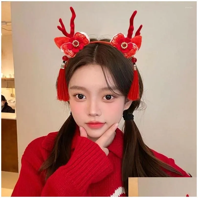 hair accessories dragon horn 2024 happy year headband tassel hairpin red bow chinese style hairband