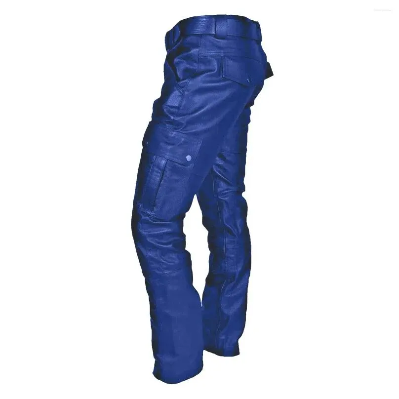 mens pants fashion motorcycle men faux leather wide leg button large pocket solid color casual trousers handsome male clothing