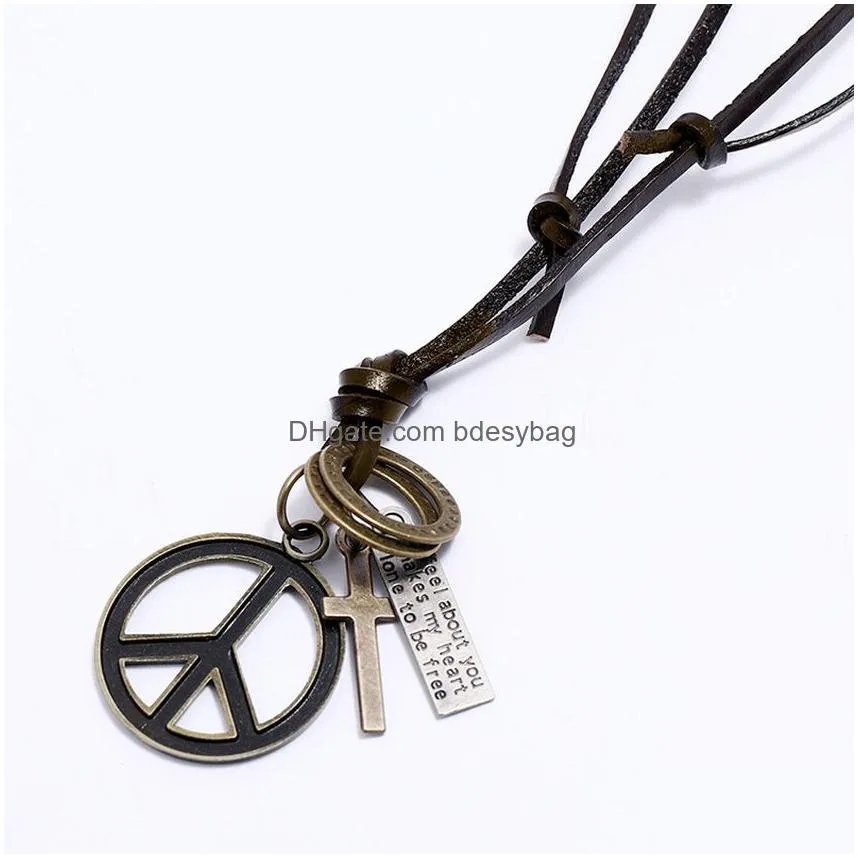 love world peace pendant necklace letter id ring cross charm adjustable chain leather necklaces for women men fashion jewelry gift