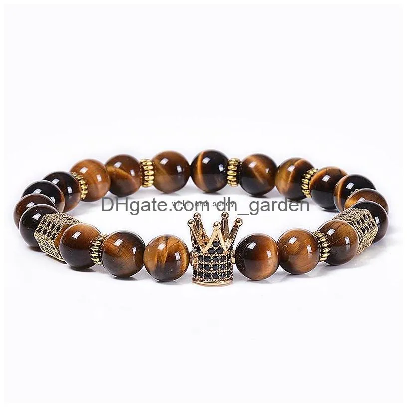 tiger eye crown bracelet natural stone copper micro-inlaid zircon diamond braided bead bracelets women men fashion jewelry will and