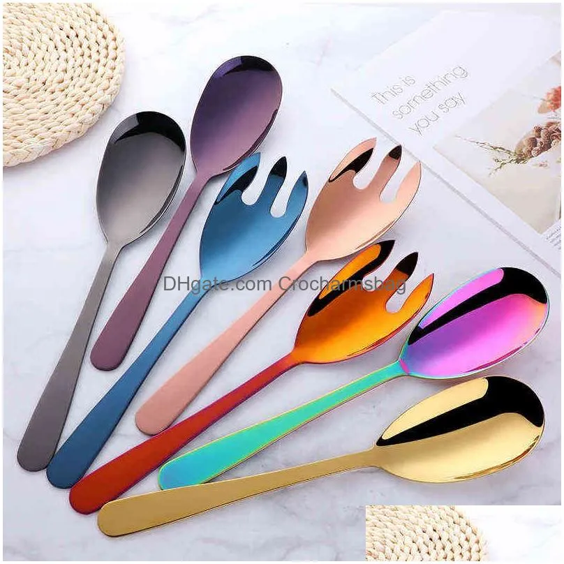 2pcs stainless steel large salad spoon fork set mixing cooking fruit salad spoon and salad fork kitchen restaurant tool 211112
