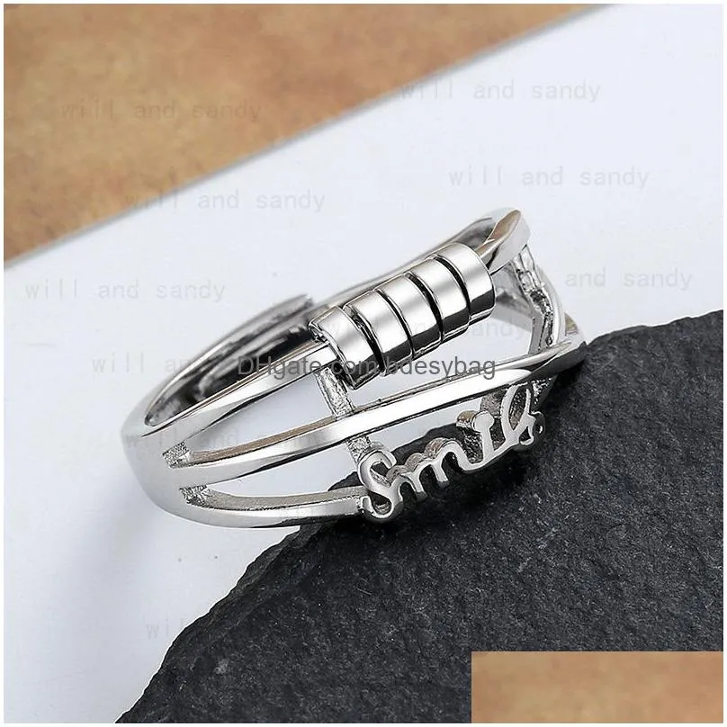 letter smile rotatable charm adjustable ring band open adjustable rings for women girls friend gift fashion fine jewelry
