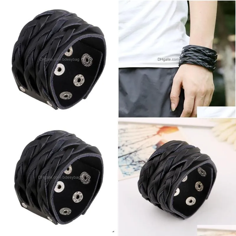 black rows braid leather bangle cuff multilayer wrap button adjustable bracelet wristand for men women fashion jewelry black