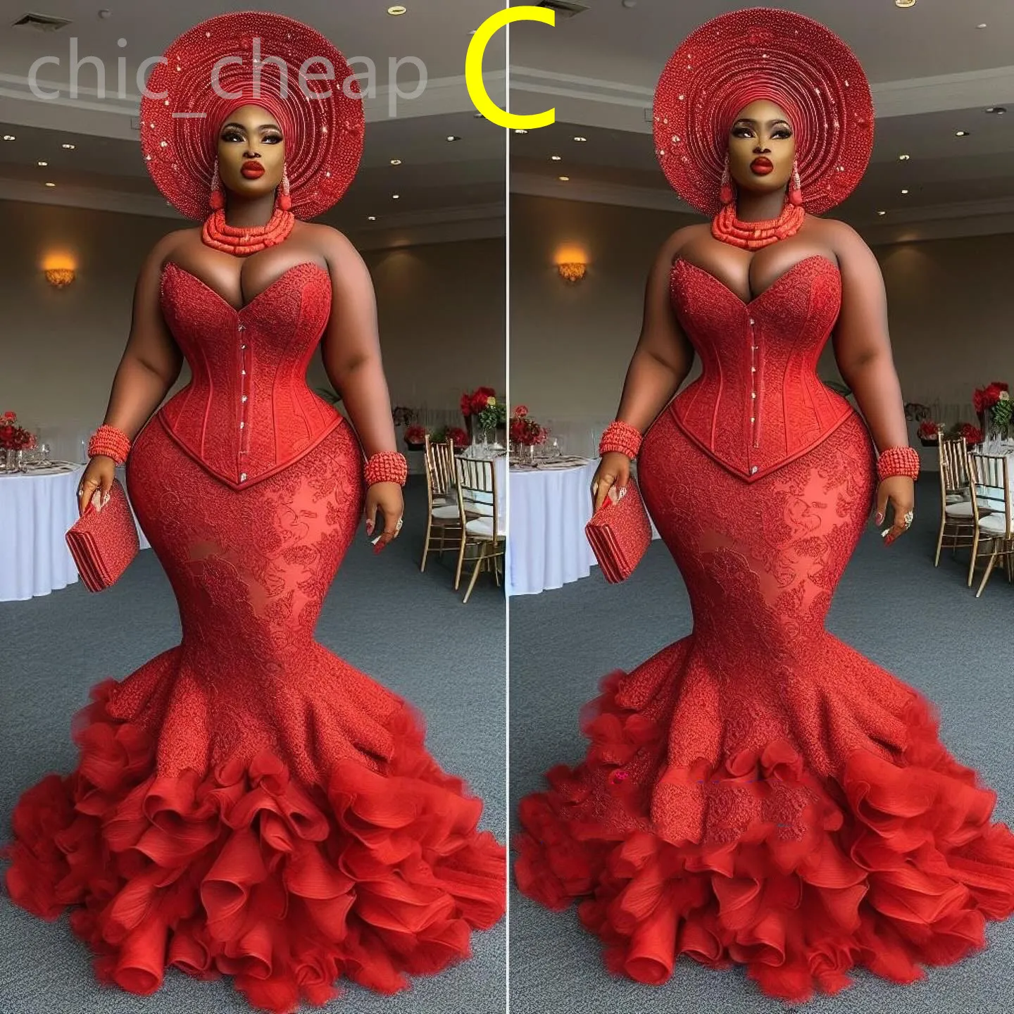 2024 Aso Ebi Illusion Red Mermaid Prom Dress Lace Tiers Vintage Sexy Evening Formal Party Second Reception Birthday Engagement Gowns Dresses Robe De Soiree ZJ101