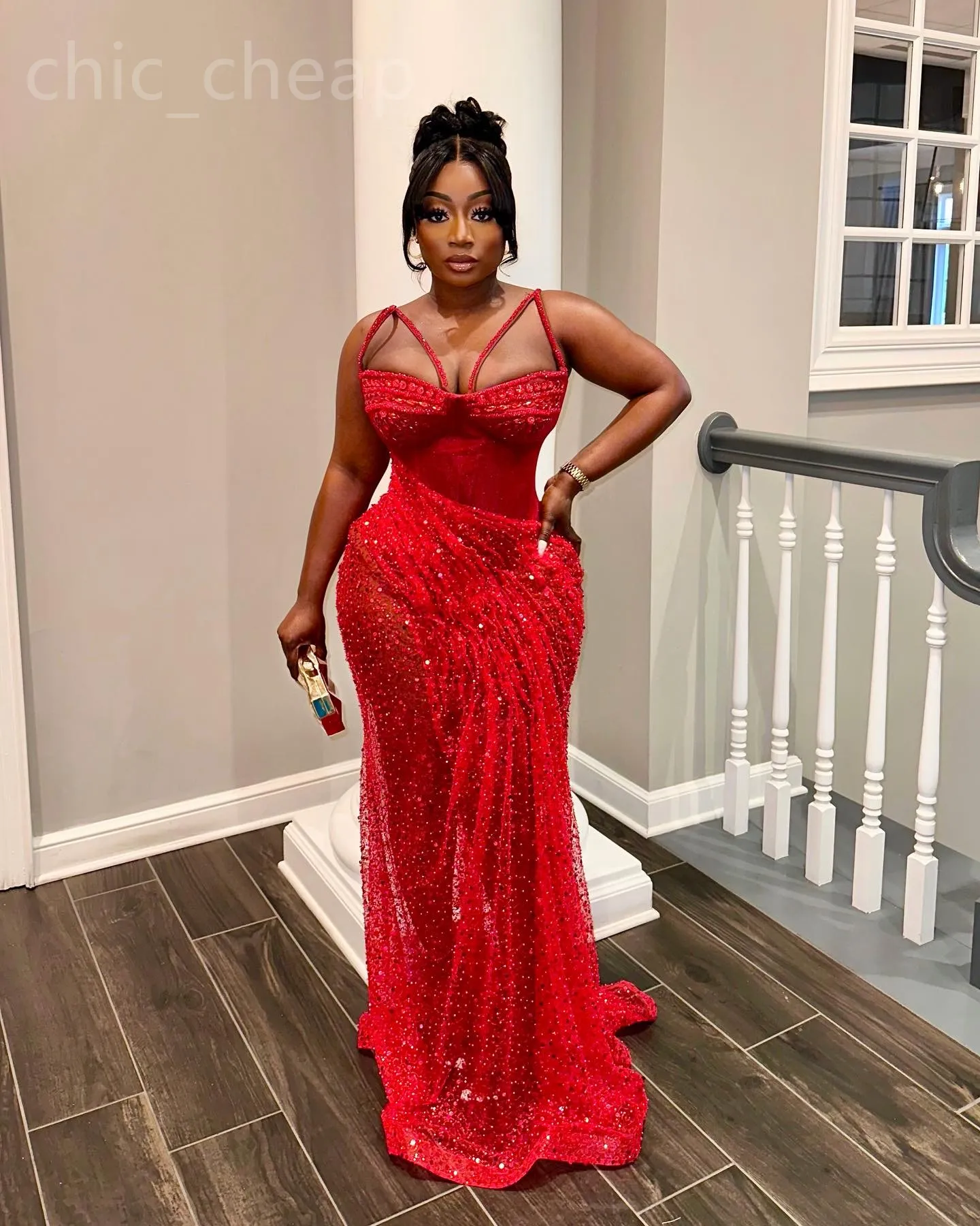 2024 Aso Ebi Red Mermaid Prom Dress Spaghetti Crystals Sequined Lace Evening Formal Party Second Reception Birthday Engagement Gowns Dresses Robe De Soiree ZJ101