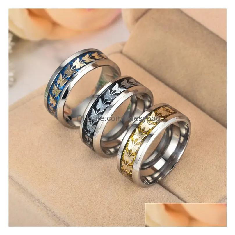 stainless steel butterfly rings band gold sequin ring engagement wedding women mens fashion hip hop jewelry drop ship