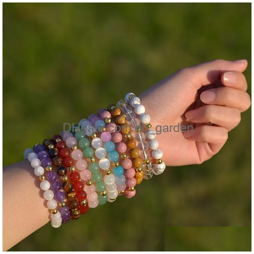 strand 8mm natural stone bracelet with gold stainless steel bead amethyst healing stone crystal bracelets precious stone fashion