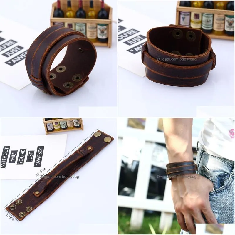 old way wide drawing leather bangle cuff multilayer wrap button adjustable bracelet wristand for men women fashion jewelry