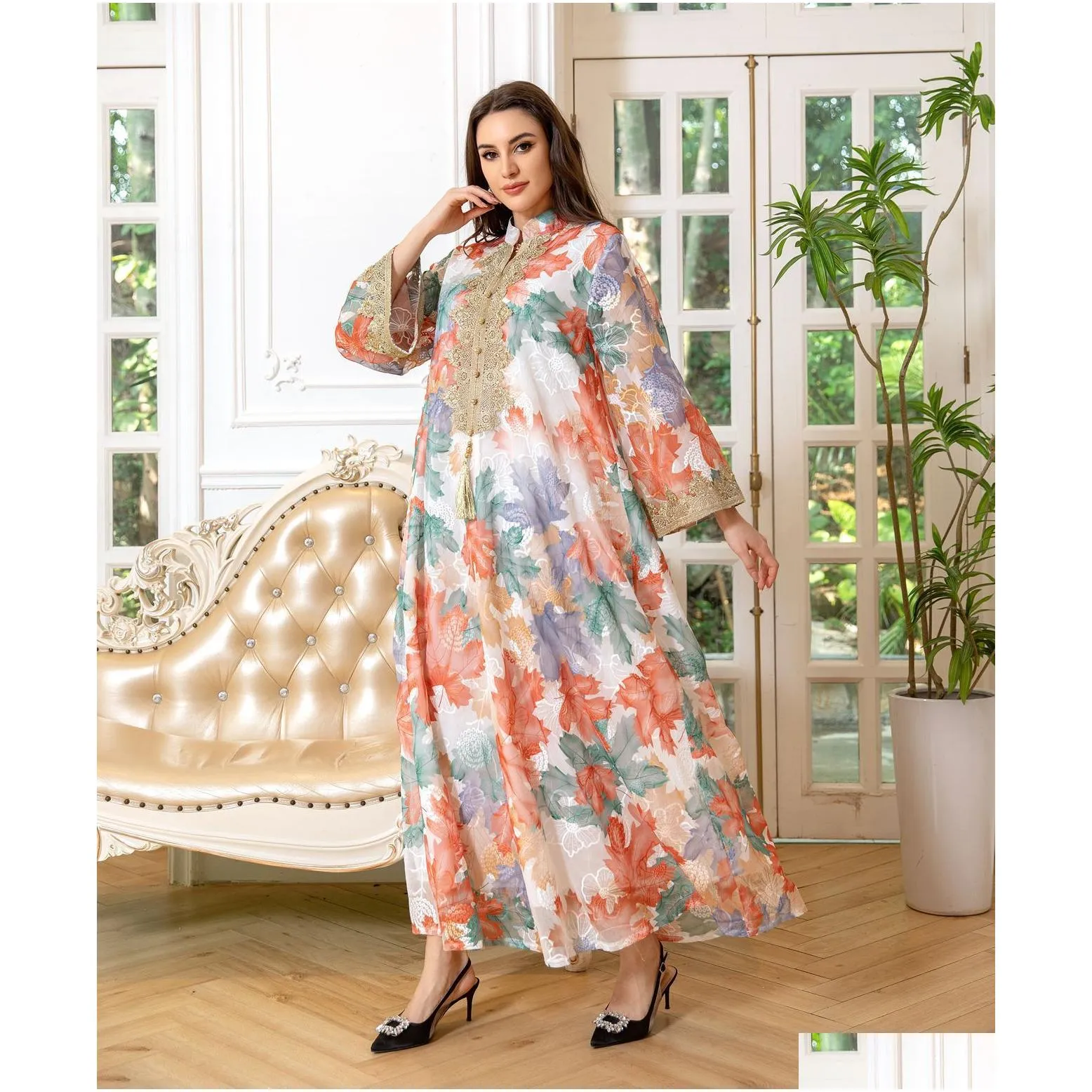 2024 spring modest floral printed arabian dubai dresses middle eastern women muslim robe long sleeve lace applique modest evening dress arabic gown for