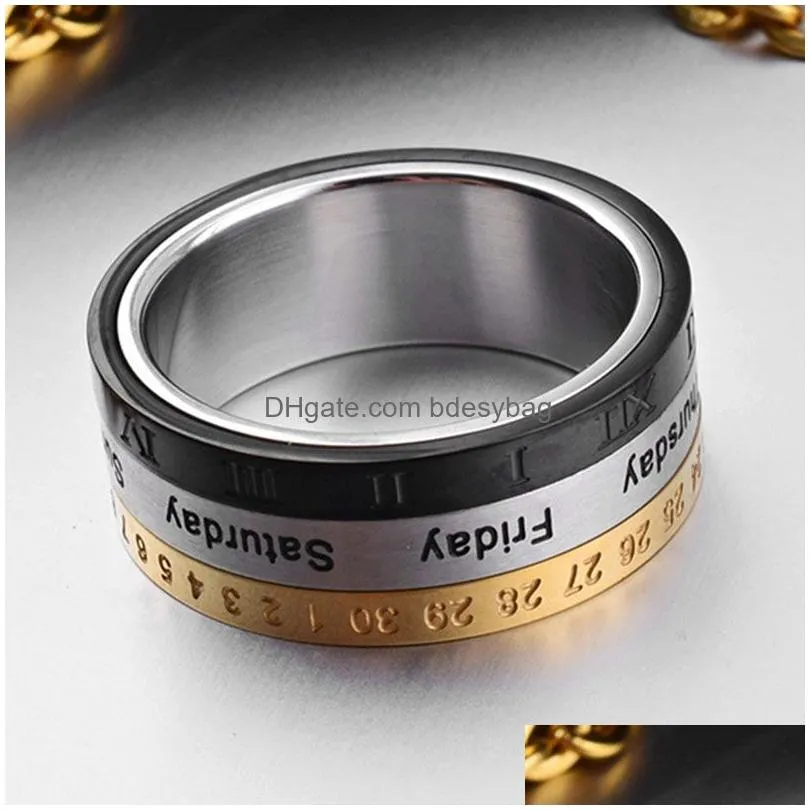 wide rotatable stainless steel ring band mechanical roman numerals time turning rotating rings for men women fashion jewelry