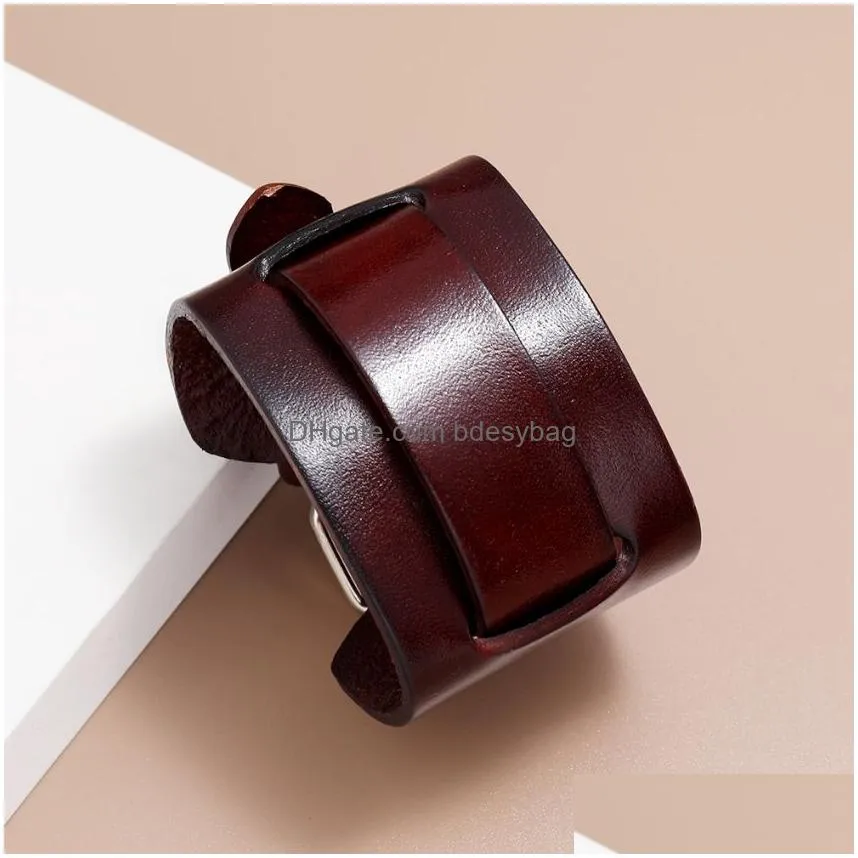 wide leather bangle cuff adjustable pin buckle bracelet wristand for men women fashion jewelry black