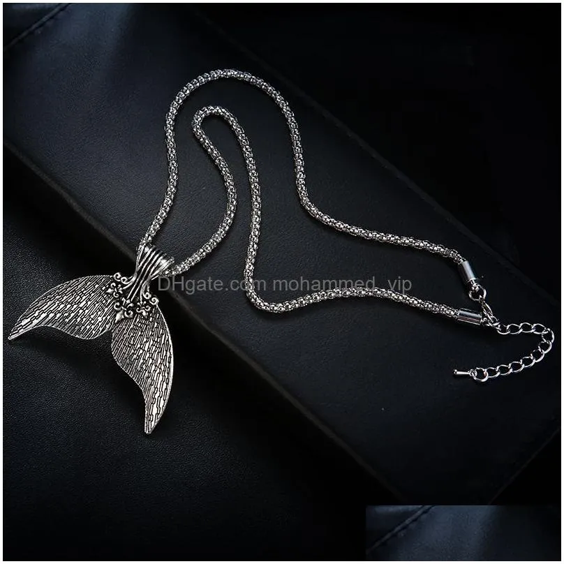 bohemian mermaid tail pendant necklace antique silver color collar for women boho jewelry whale mermaid tail charm chokers necklaces