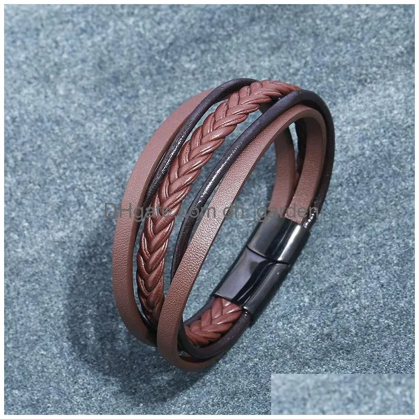 Charm Bracelets Retro Mens Leather Braided Bracelet Mtilayer Stainless Steel Clasp Fashion Jewelry Will And Sandy Gift Drop Delivery Dhdzp