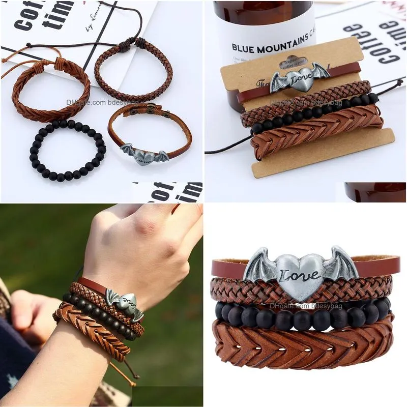 men punk metal love heart wings charm bracelets diy handmade braided leather multilayer chains bracelet maxi statement fashion jewelry drop