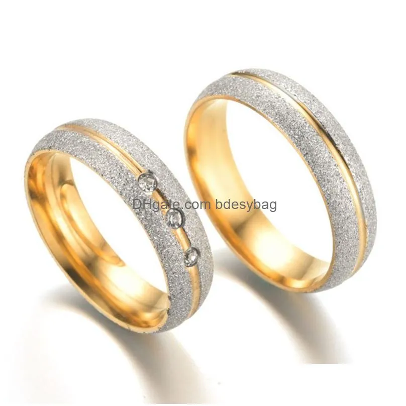 dull polish stainless steel rings band gold diamond crystal couple wedding ring hip hop jewelry women drop ship